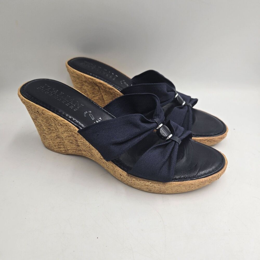 Italian Shoemaker size 9M Navy Sandals Cork Wedge Heel Slip On Shoe Espadrille